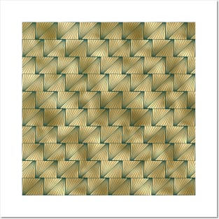 Teal and Gold Vintage Art Deco Lined Diamond Pattern Posters and Art